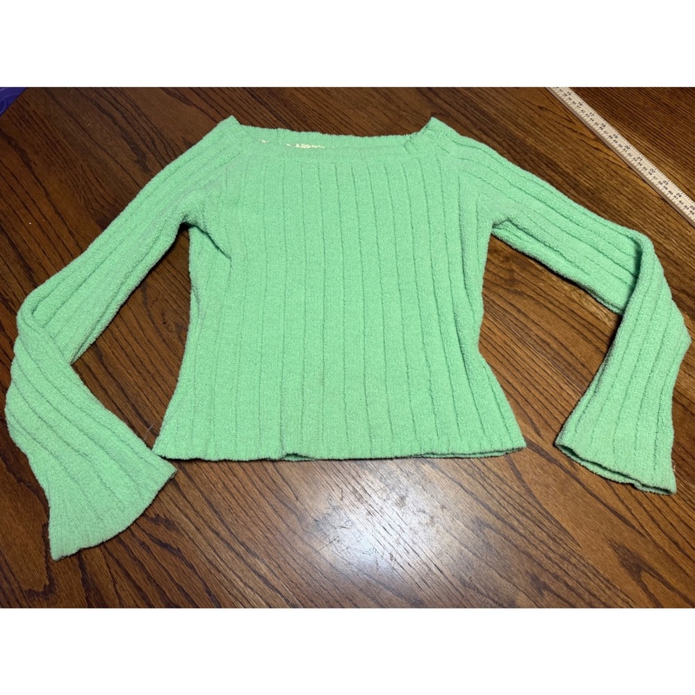 Maurices Lime Green Ribbed Chenille Knit Boat Neck Bell Sleeve Sweater XS